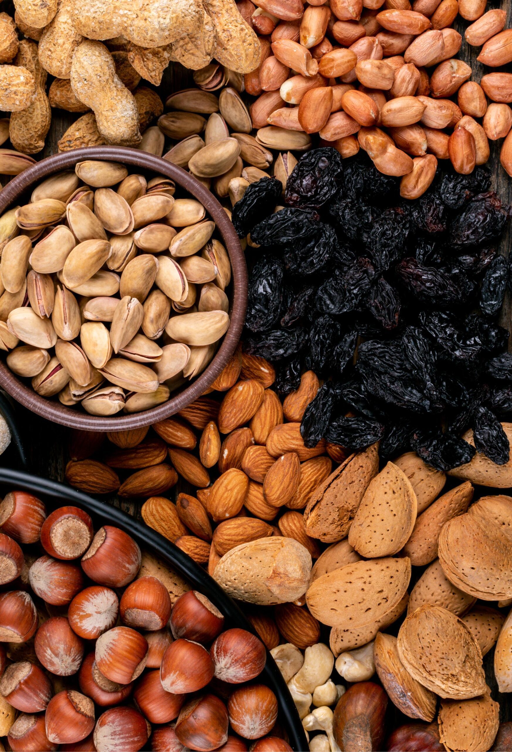 Assortment of organic dry fruits including apricots, raisins and blackberries